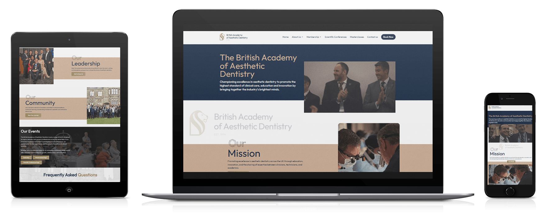 The British Academy of Aesthetic Dentistry website displayed across laptop, tablet, and mobile devices