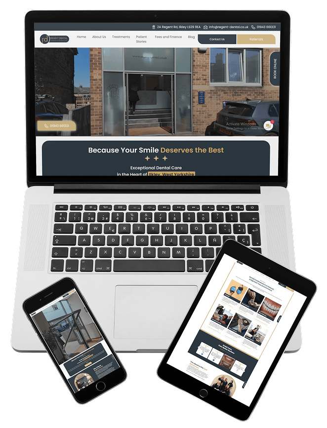 Regent Dental website displayed across laptop, phone, and tablet